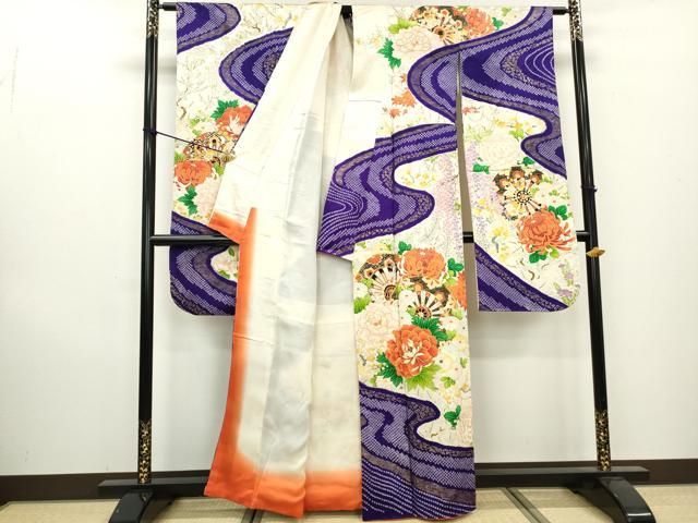 平和屋着物□豪華振袖 駒刺繍 絞り 流水片輪車花文 金彩 正絹 逸品