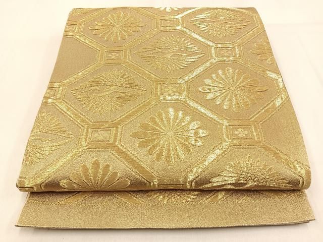 平和屋着物◎六通柄袋帯 双鶴蜀江菊文 金糸 正絹 逸品 BAAW0688hj