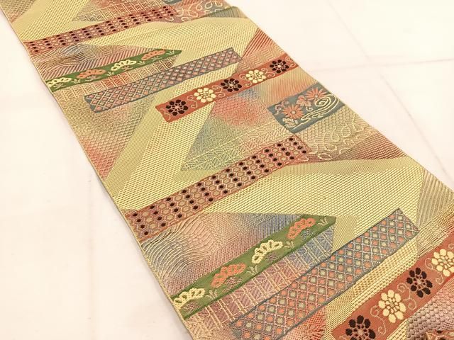 平和屋着物●本場筑前博多織　八寸名古屋帯　横段文　正絹　逸品　DABA0215cm 平和屋着物◎本場筑前博多織 八寸名古屋帯 横段花文 金糸 正絹 逸品