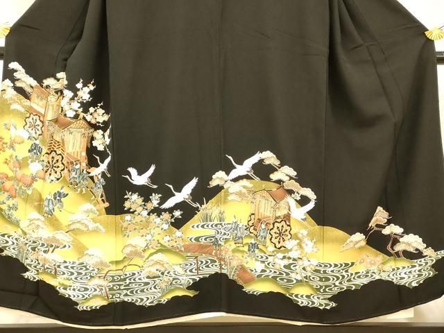 平和屋着物□豪華黒留袖 駒刺繍 御所車人物文 暈し染め 金彩 正絹 逸品