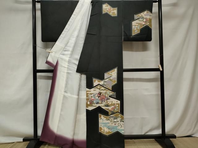 平和屋着物□訪問着 手描き 屏風風景文 十二単 黒地 正絹 逸品