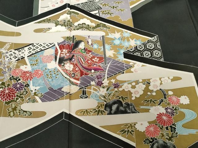 平和屋着物○訪問着 切嵌風景花文 黒地 正絹 逸品 DAAY1512ps
