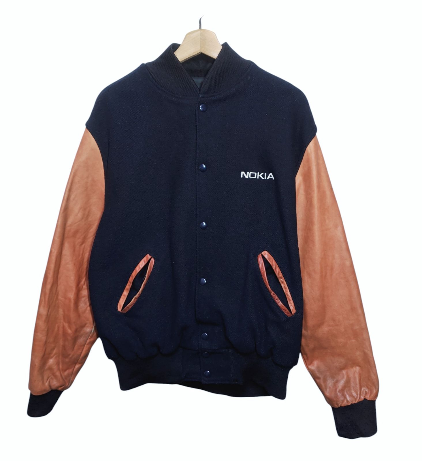 90s USA製 NOKIA ノキア 企業刺繍スタジャン レザースリーブ - メルカリ