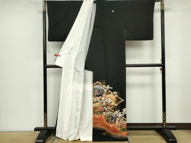 平和屋着物●豪華黒留袖　駒刺繍　群鶴雪輪松竹梅花文　金彩　ロング丈　正絹　逸品　CAAZ3506yc 平和屋着物□豪華黒留袖 駒刺繍 立波群鶴花文 暈し染め 金銀彩 松坂屋