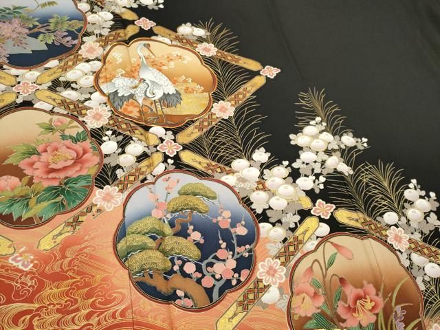 平和屋着物□豪華黒留袖 駒刺繍 立波群鶴花文 暈し染め 金銀彩 松坂屋