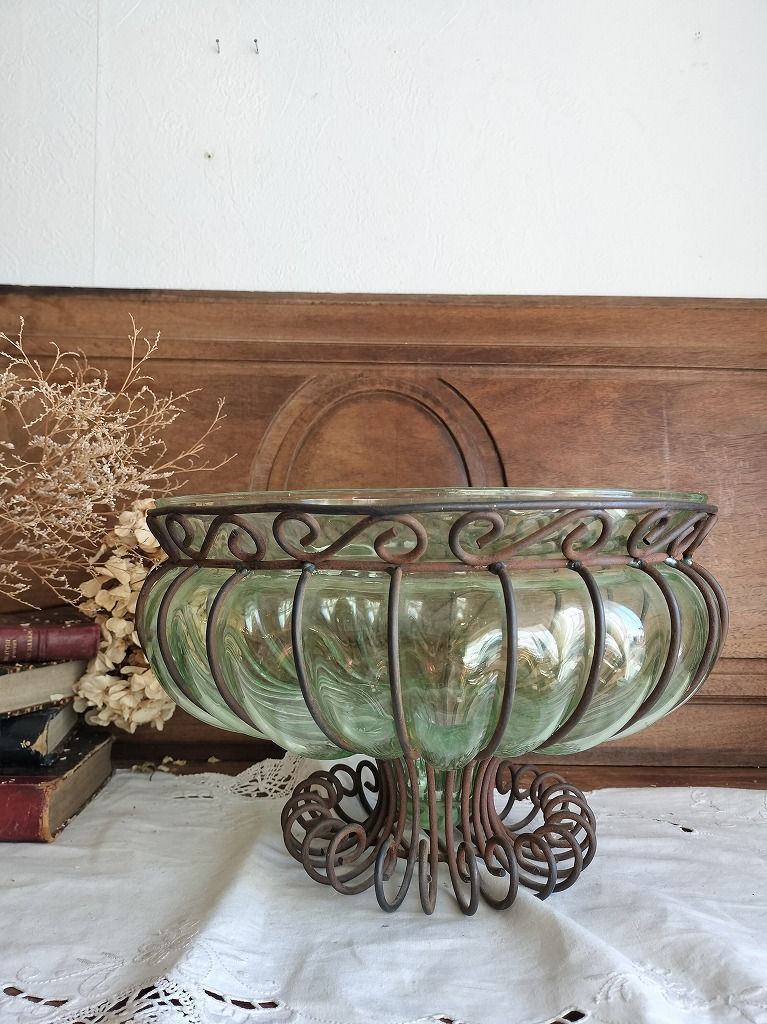 フランス アンティーク 大きい 花瓶 緑 フラワーベース ガラス ポット アイアン