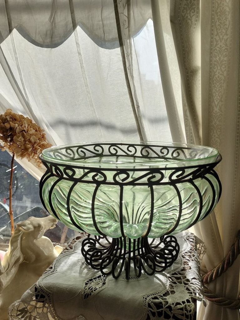 フランス アンティーク 大きい 花瓶 緑 フラワーベース ガラス ポット アイアン