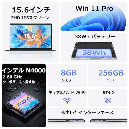 TPV Office 2025搭載 ノートパソコン 15 6型 1920 1080 IPS液晶 Win 11 Pro ウェブカメラ付き 薄型ノートPC インテル Celeron プロセッサー 8 GBメモリ SSD 256 GB 2 4 g 28 f 56198