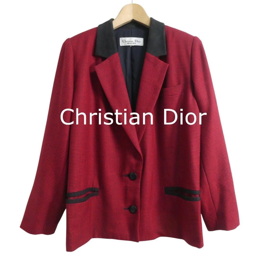 Christian Dior PRETA PORTER クリスチャンディオール 総柄 格子柄 スエード切り替え 本切羽 バックベルト シングル 2 B テーラードジャケット 赤 レッド レディース