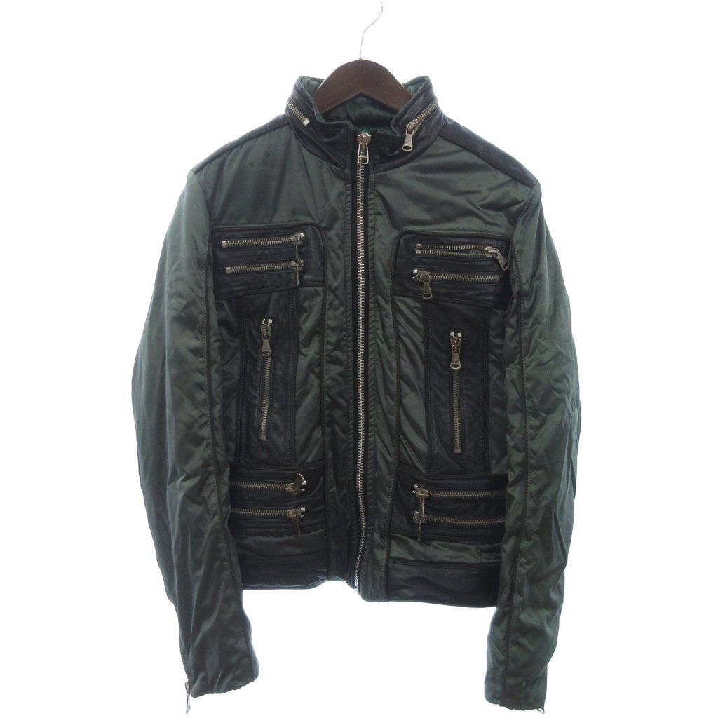 ディー ジー ドルガバ ドルチェ ガッバーナ D G 中綿ジャケット フード収納 切替 レザー ジップアップ 緑 グリーン 48