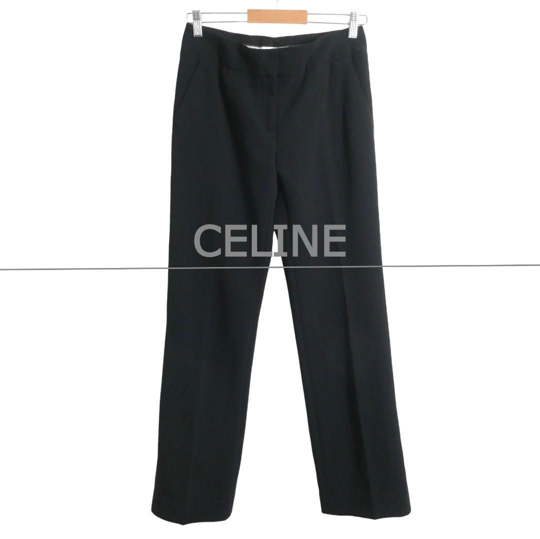 CELINE セリーヌ サイズ38 ウール ストレッチ トリオンフ センタープレス ストレート パンツ スラックス 黒 ブラック レディース