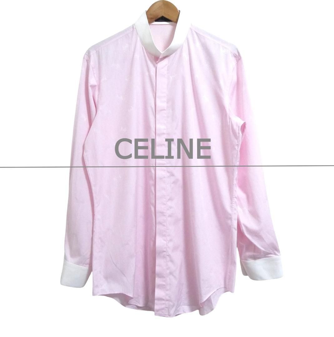 CELINE セリーヌ ロゴ 馬車 刺繍 スタンドカラー クレリック 長袖 シャツ Yシャツ コットン ピンク メンズ