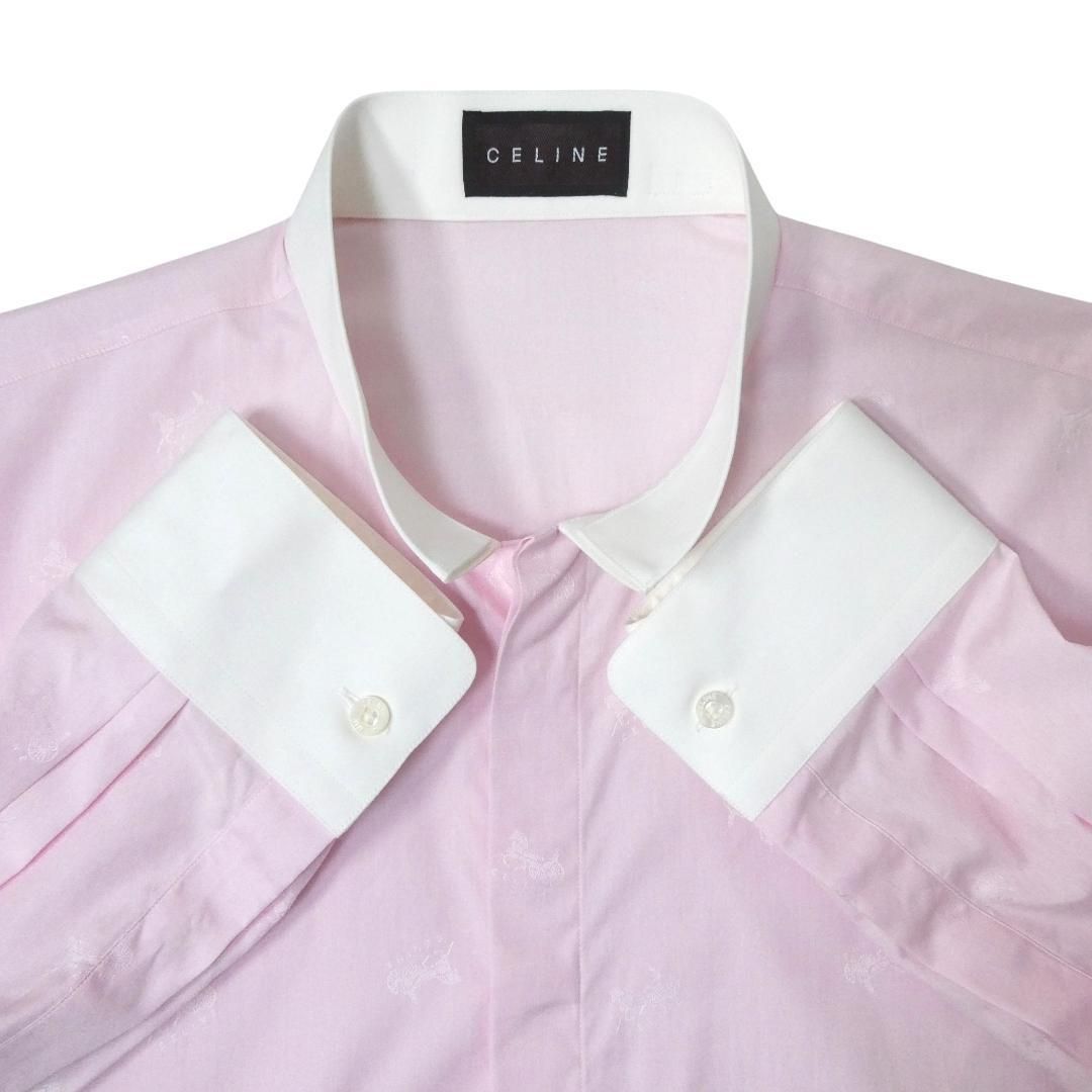 CELINE セリーヌ　マカダム　長袖シャツ　ロンT レディース　ピンク　シャツ 美品 CELINE セリーヌ ロゴ 馬車 刺繍 スタンドカラー クレリック 長袖