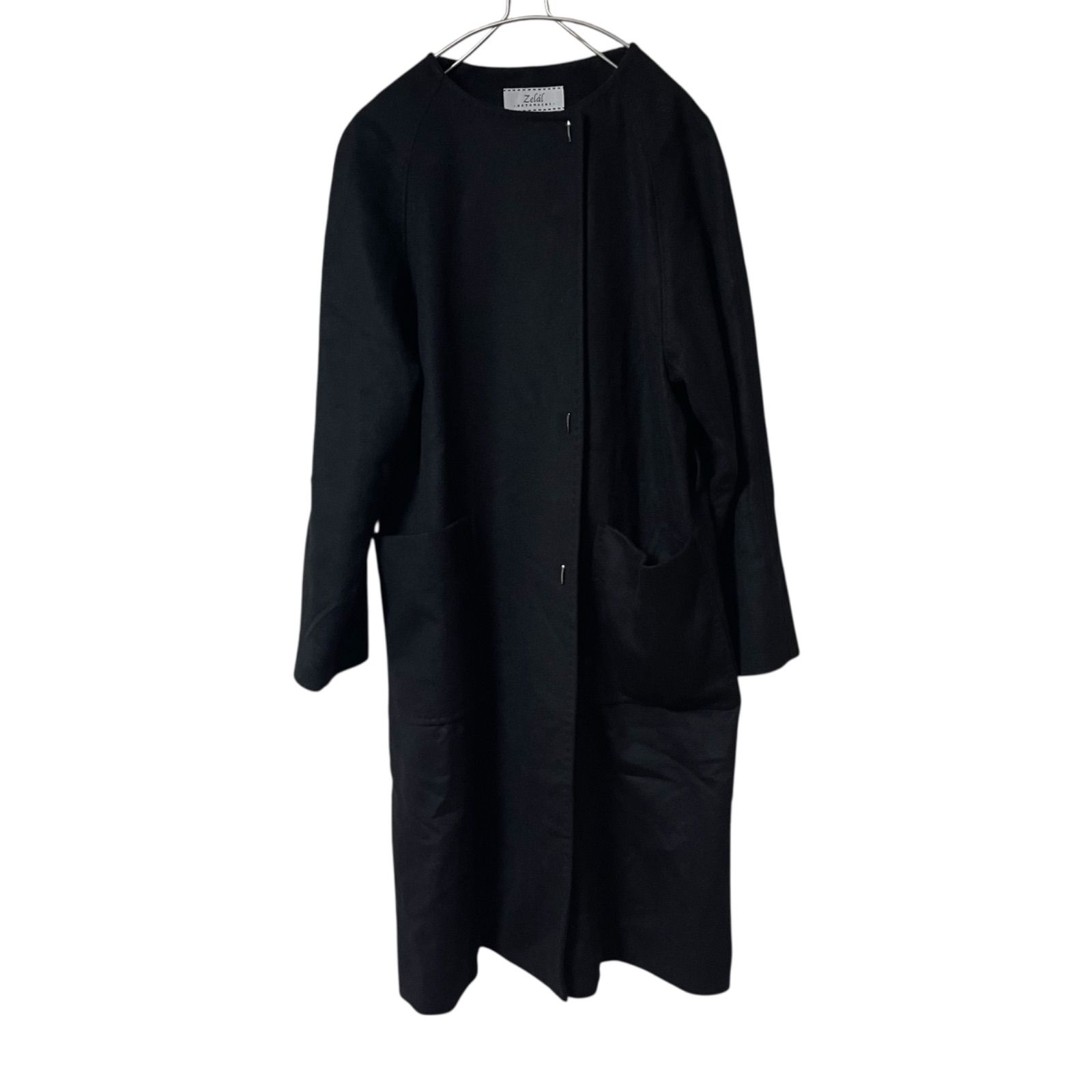カシミヤ100％　ゼラール　ロングコート　ベルト　Aライン　比翼　黒　S相当 ZK16【美品】Zelal ゼラール ノーカラーコート ロングコート カシミヤ