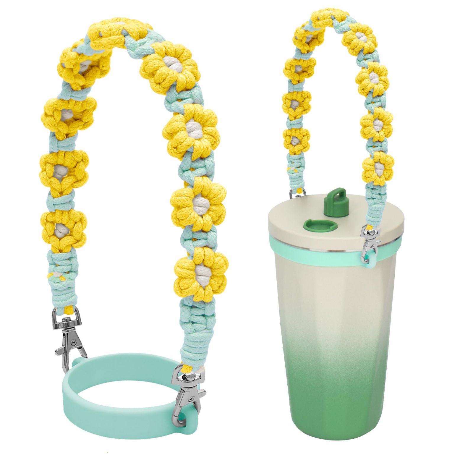 シリコーン製ストローホルダー付き 持ち歩きタンブラー可愛い花のデザイン コットンロープ シアン TYESOドリンクカップホルダー
