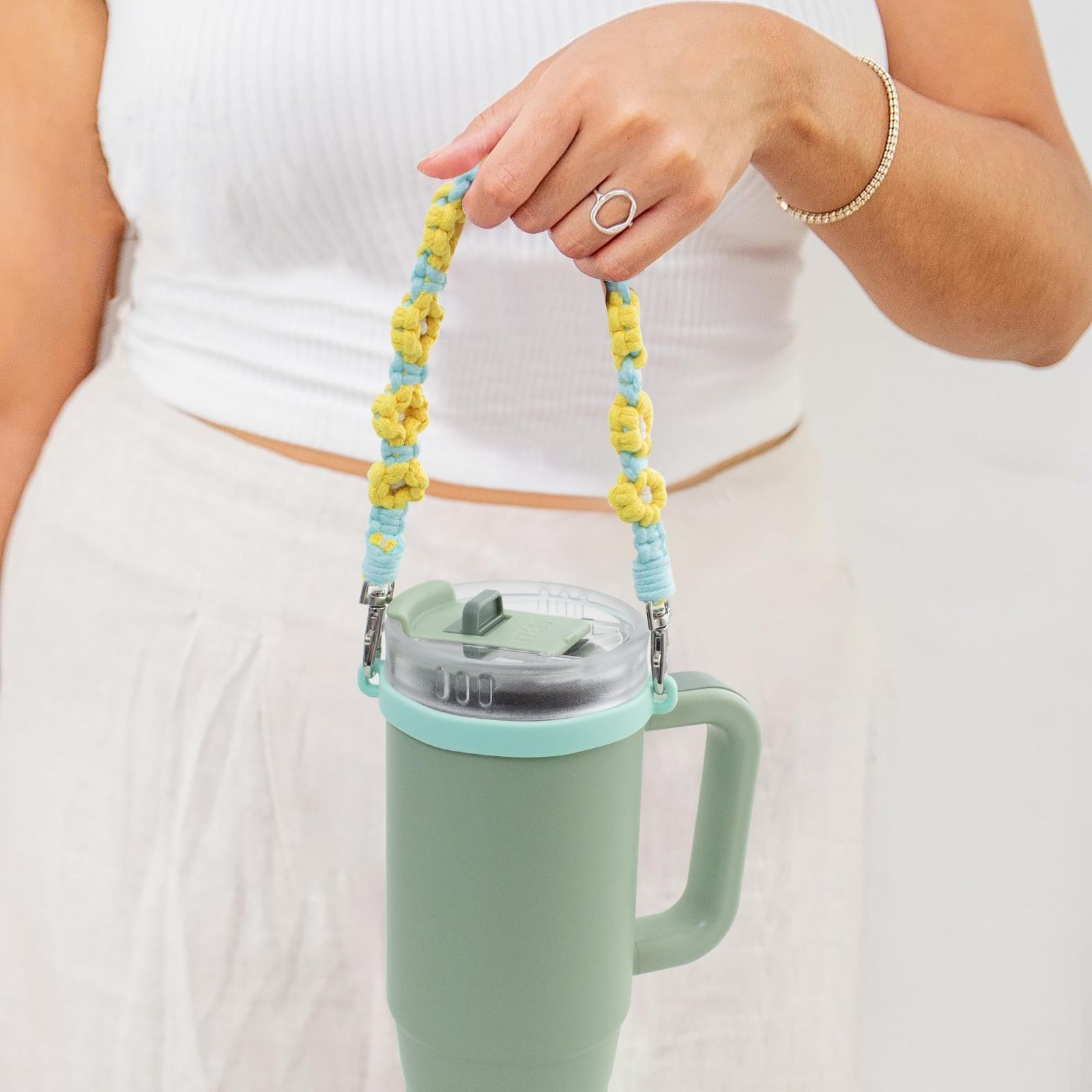 シリコーン製ストローホルダー付き 持ち歩きタンブラー可愛い花のデザイン コットンロープ シアン TYESOドリンクカップホルダー