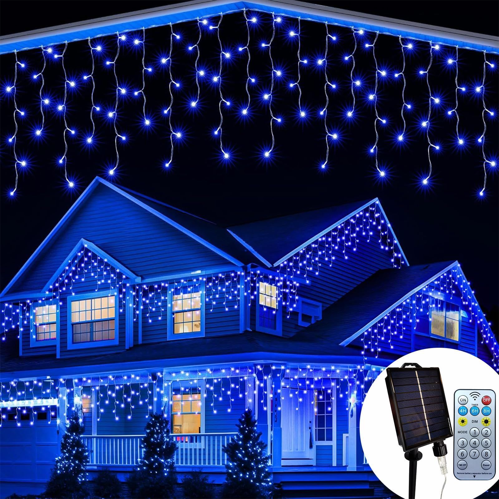 在庫処分 イルミネーション ライト ベランダ フェンス 屋根の軒など飾りライト 8点灯パターン つらら ブルー 記憶メモリー 400 Led 防水10 m タイマー機能 リモコン操作 LEDイルミネーションライト ソーラー