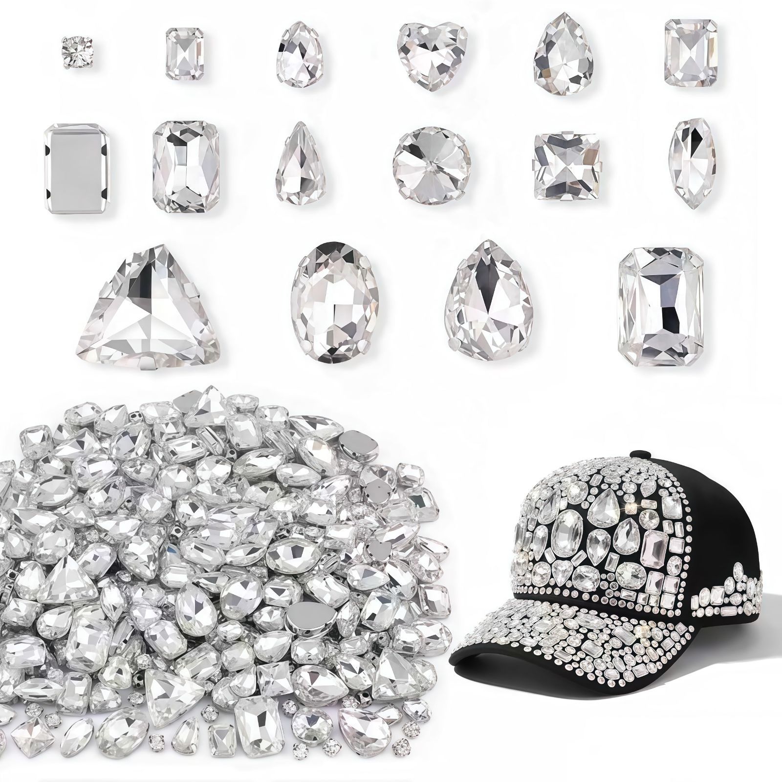 ジュエリー用 ドレス 縫製用ラインストーン アクセサリーパーツ 15種 台座付き 約 大きな宝石 洋服 靴 帽子 襟 バッグ 裁縫アクセサリー用 縫い付けラインストーン