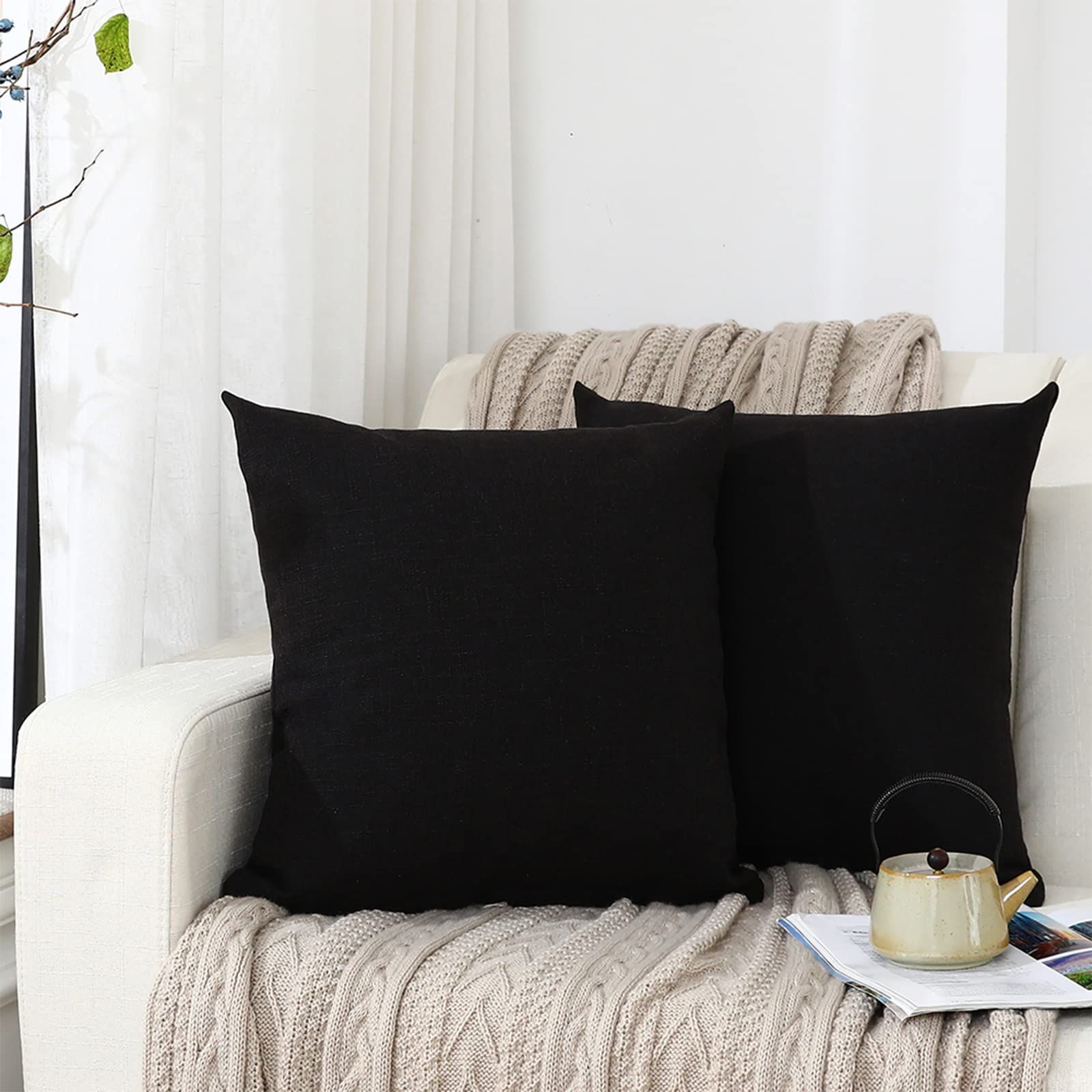 セット ブラック ー 隠しジッパー装飾枕カバ 無地 座布団カバ リネンの質感 ソファ背当て おしゃれ 北欧 45 cm クッションカバー