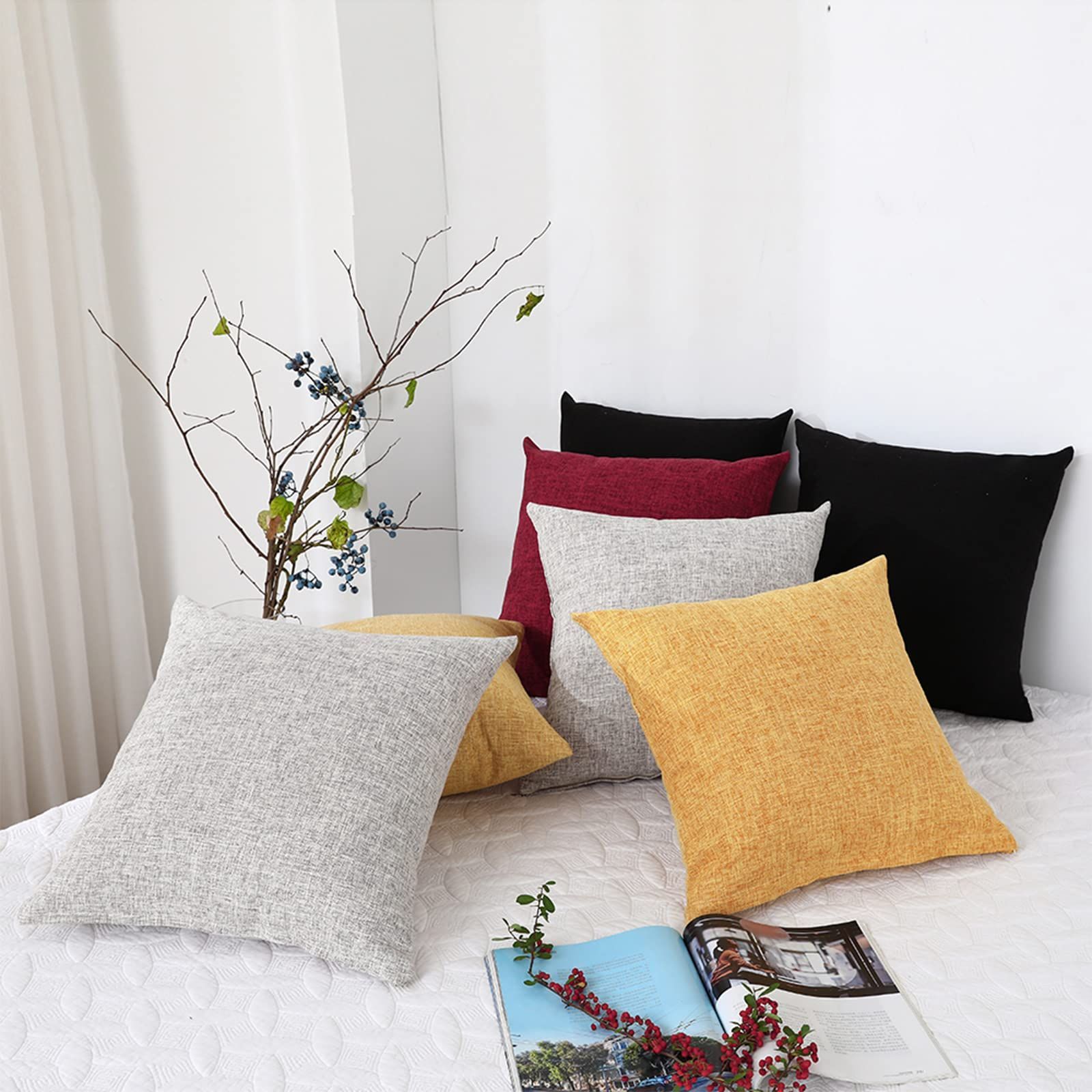 セット ブラック ー 隠しジッパー装飾枕カバ 無地 座布団カバ リネンの質感 ソファ背当て おしゃれ 北欧 45 cm クッションカバー