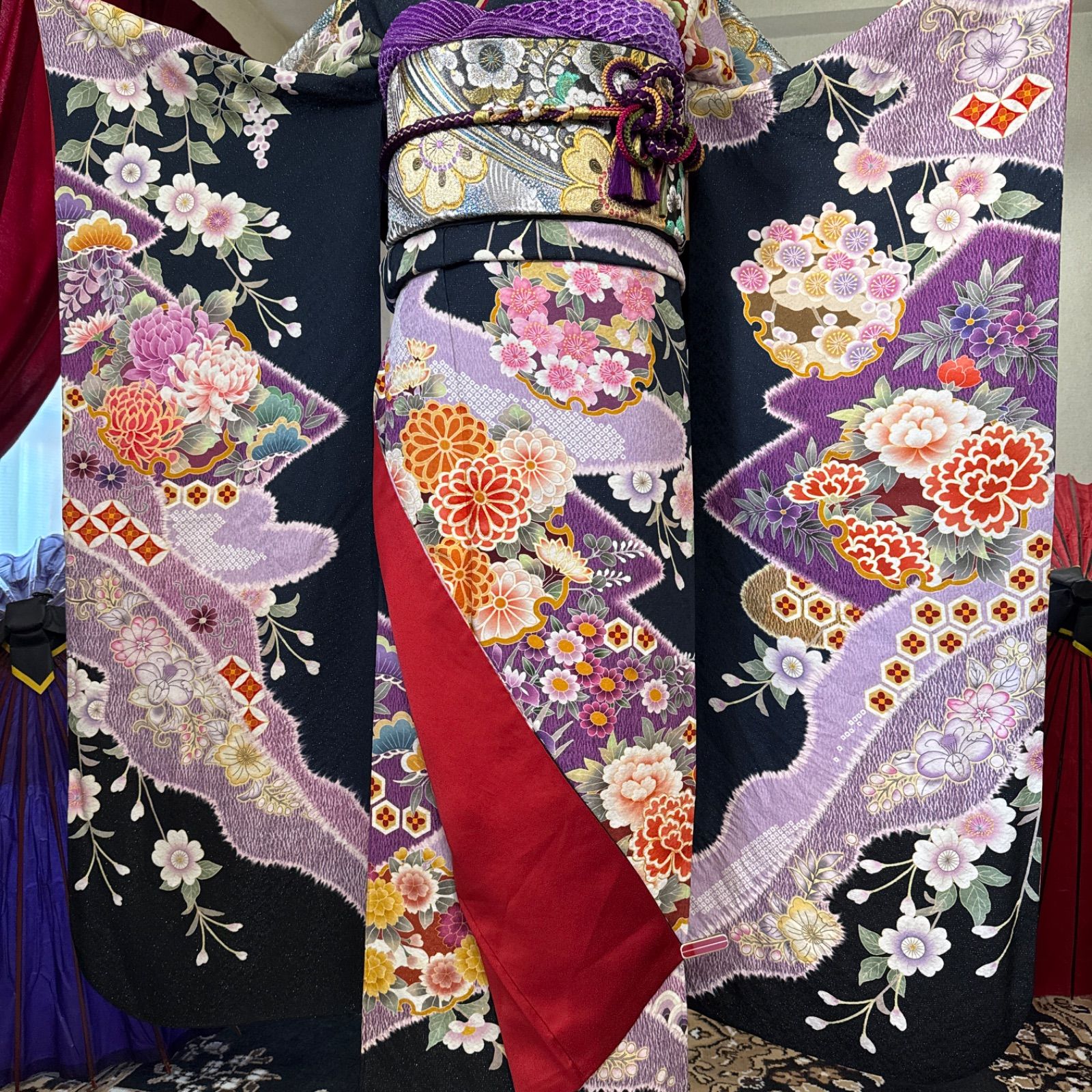 振袖フルセット、正絹、華従然落款、半襟重ね衿、帯揚げ帯締め、京の袋帯、襦袢 振袖フルセット、正絹振袖セット、半襟重ね衿、帯揚帯締め、袋帯