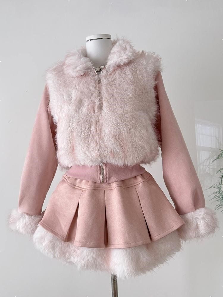 レディースコーデ ピンクセット ラブリー デートコーデ ピンク クロップドジャケット ファー ジップアップ ファーコート ミニスカート 2ピース0