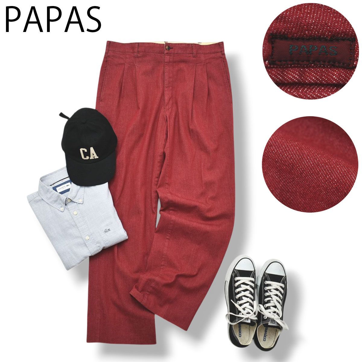 90 s 日本製 パパス PAPAS ワイド バギー ストレート ツータック チノパン LL ボルドー トラッド アメカジ カジュアル ストリート メンズ 男性用