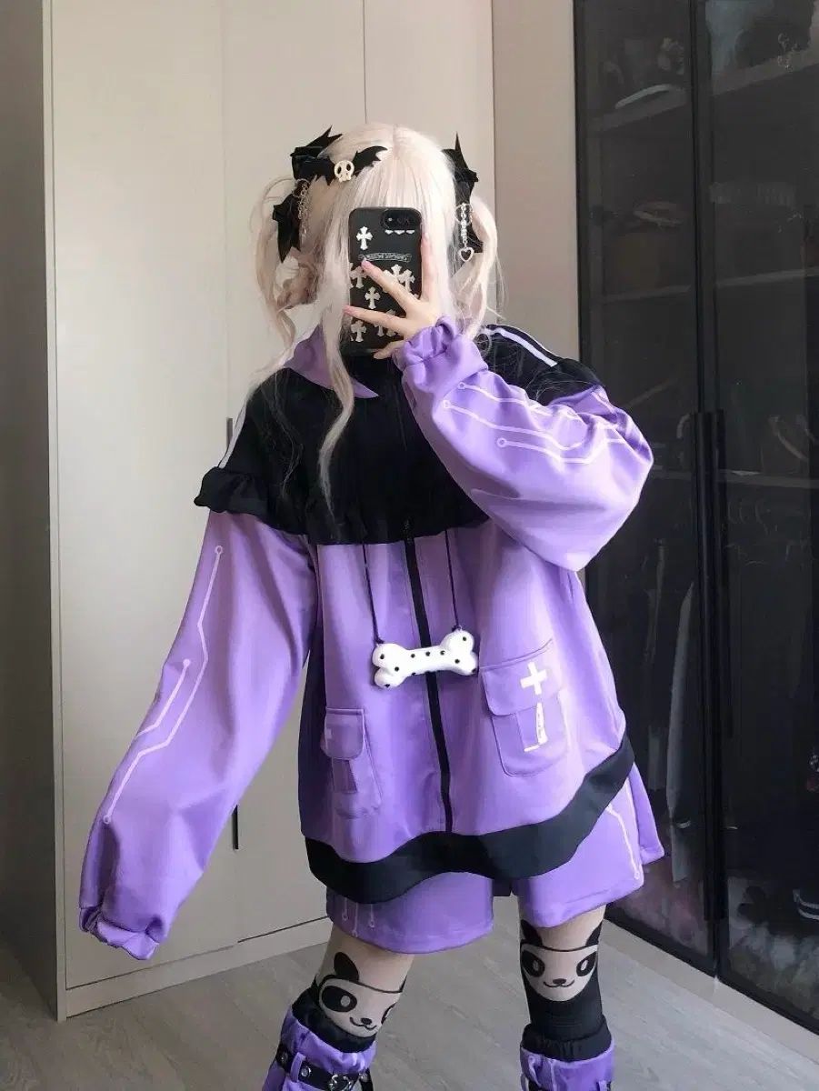 地雷系サブカルチャー DARK GIRL リー パープル色 セット ジップアップ ショートパンツ レッグウォーマー