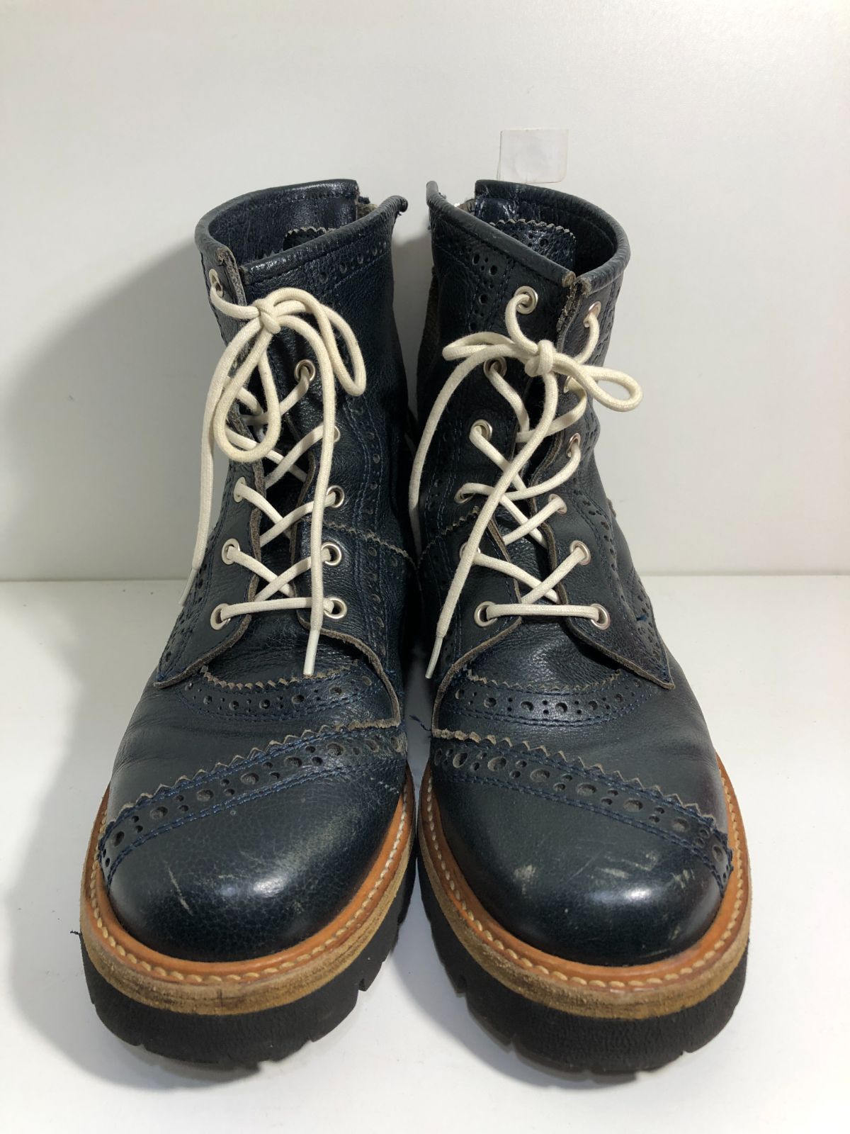 051030 Y's レザー ウィングチップ バックジップ ブーツ ダーク