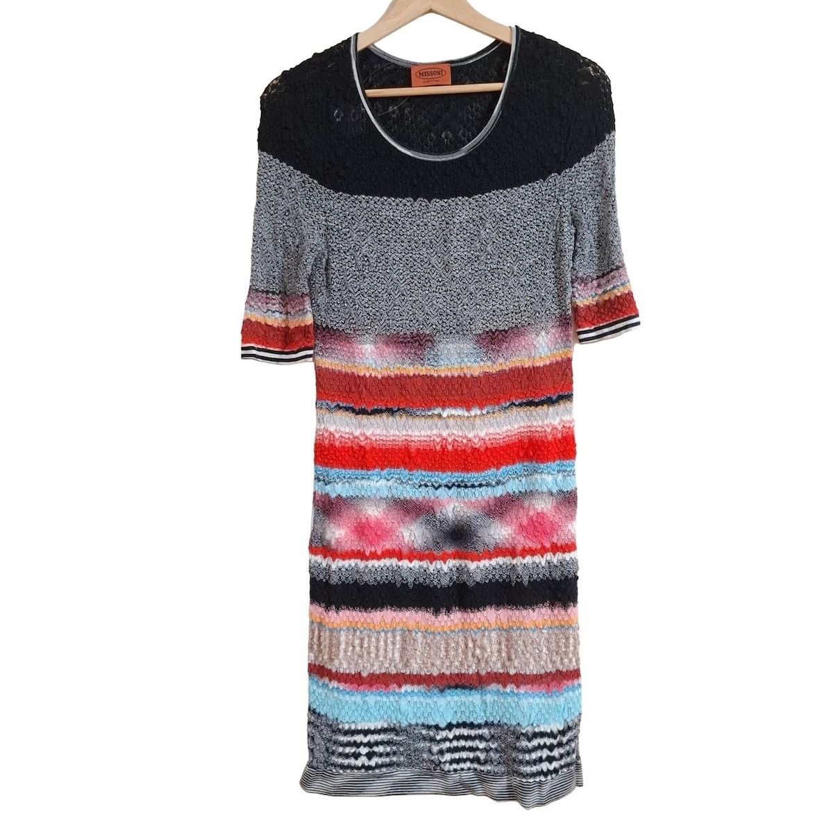 MISSONI ミッソーニ ワンピース サイズ44 L レディース 黒 レッド マルチ クルーネック 半袖 ひざ丈 ニット ボーダー