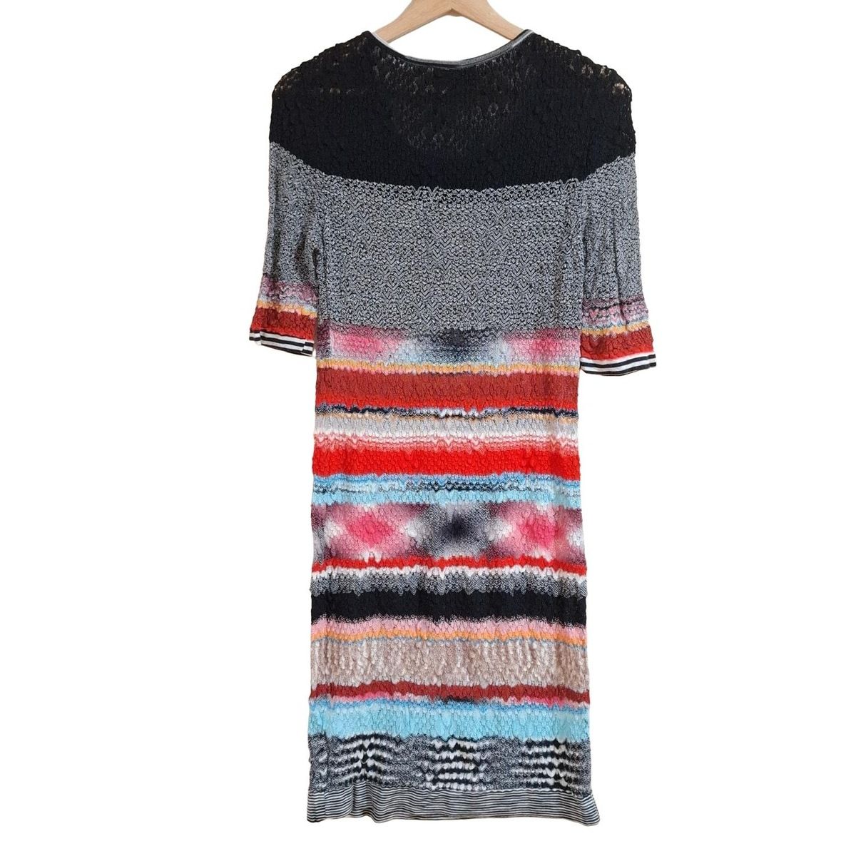 MISSONI ミッソーニ ワンピース サイズ44 L レディース 黒 レッド マルチ クルーネック 半袖 ひざ丈 ニット ボーダー