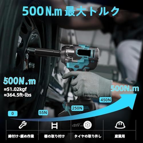 迅速に発送】500N.m/364.5Ft-lbs ブラシレスインパクトドライバー 充電