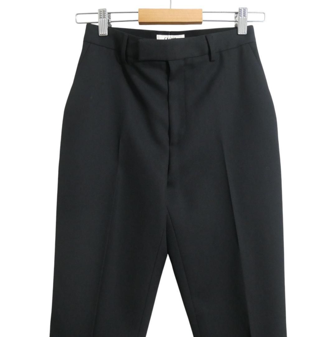 CELINE セリーヌ サイズ34 ウール ターンアップダブル センタープレス テーパード パンツ スラックス 黒 ブラック レディース