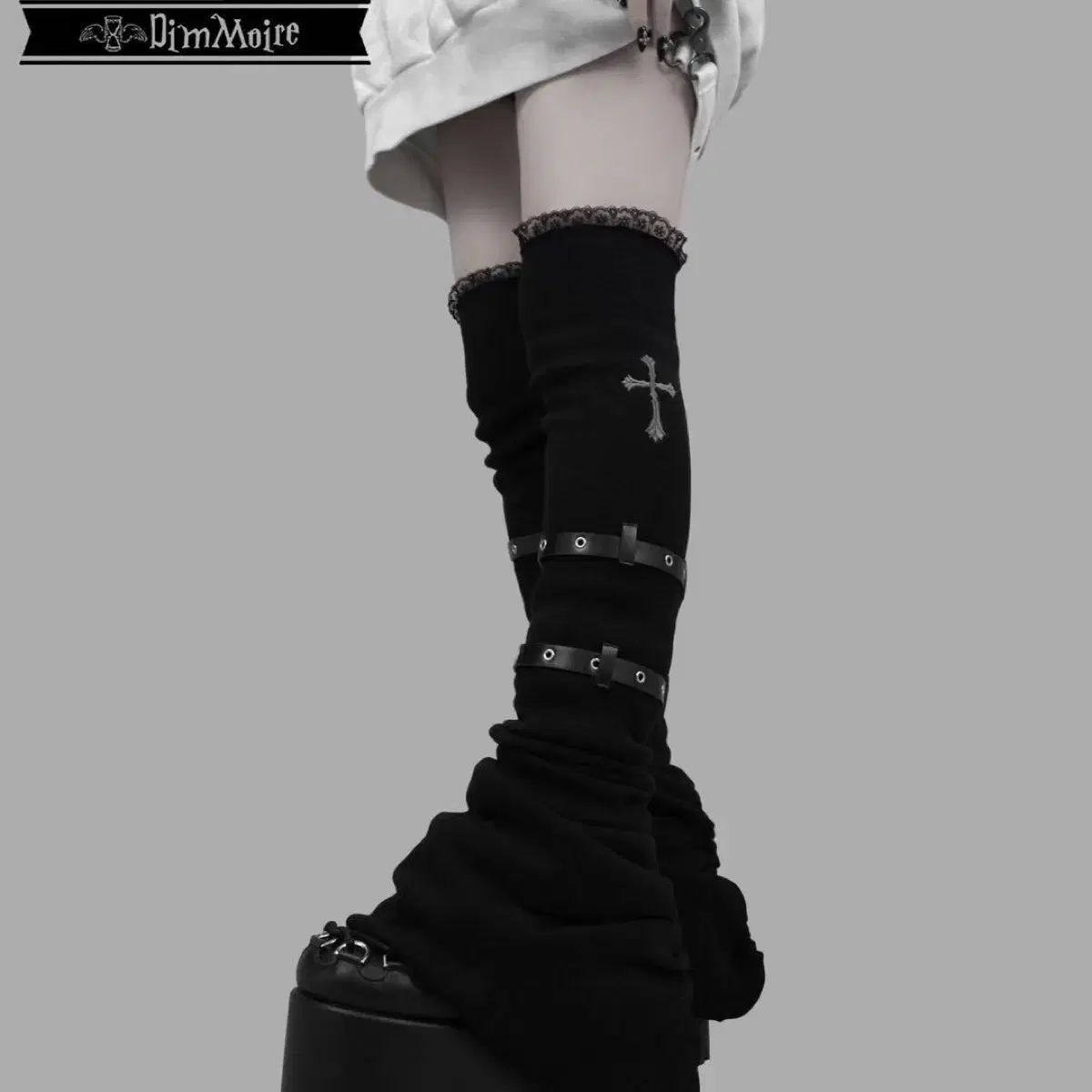 Dimmoire 딤모아르 ゴシック 十字架 ベルト ブラック レッグウォーマー ニーハイソックス オーバ