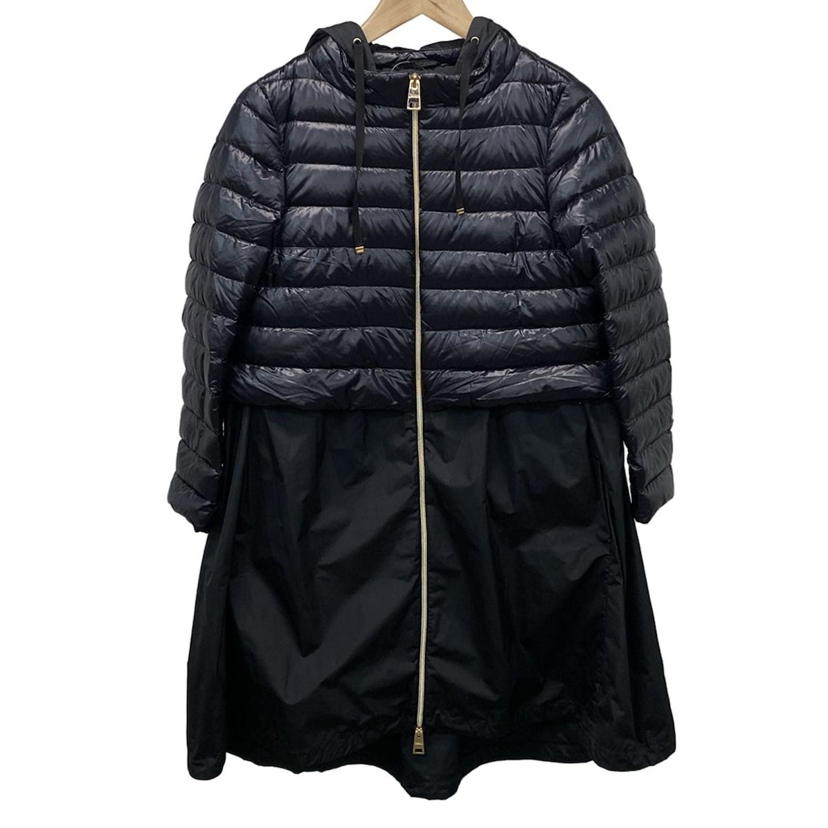 HERNO ヘルノ ダウンコート サイズ42 M レディース ダークネイビー 長袖 ジップアップ ロング丈 異素材切替 冬