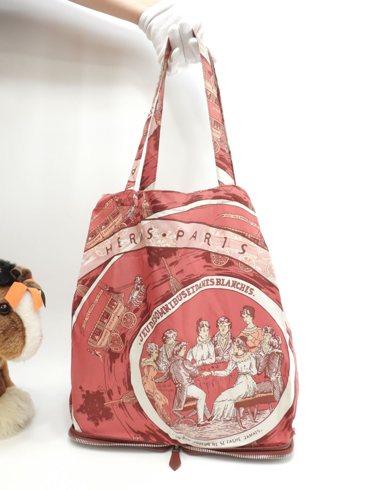 エルメス シルキーポップ シルク白ピンク レザー赤茶 エコバッグ ハンドバッグ 1