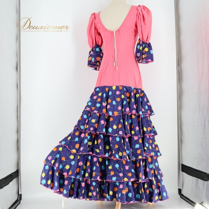 フラメンコ 衣装 ワンピース ドレス ピンク 紺 花柄 MATY ボランテ