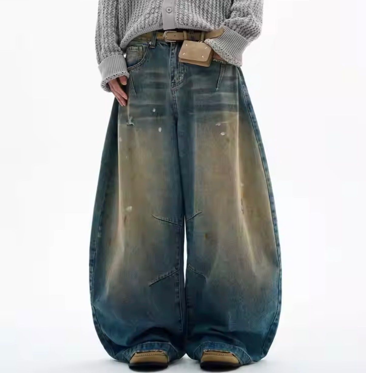 韓国 ウォッシュド デニムジーンズ ヴィンテージ風 ユニセックス