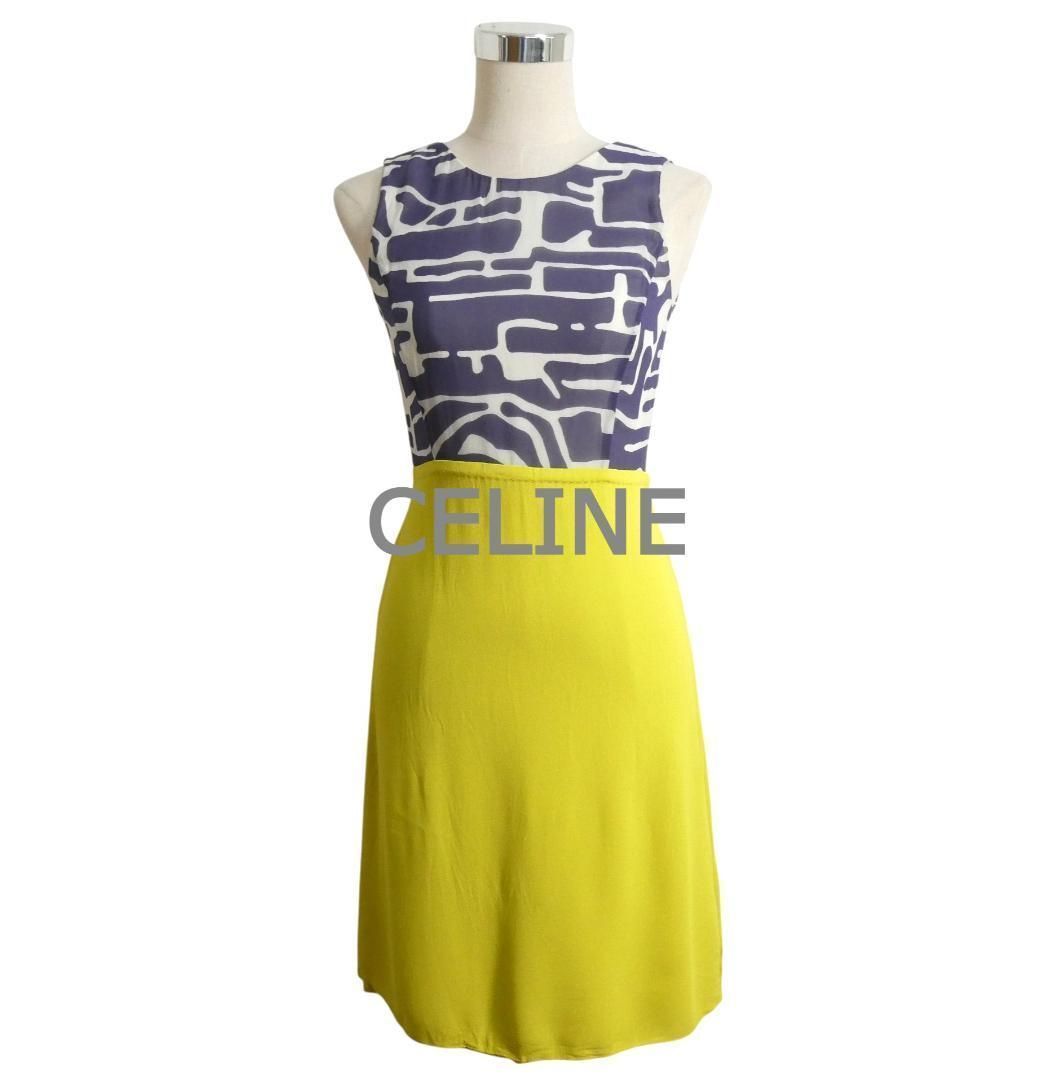 CELINE セリーヌ サイズ36 シルク100％ 上下切り替え バックVネック 膝丈 タイト クルーネック ノースリーブ ワンピース ドレス イエロー ネイビー ホワイト レディース