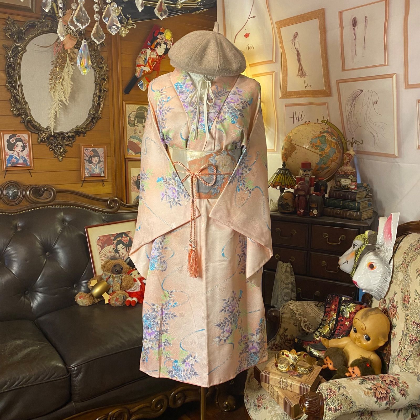 着物リメイク ワンピース ドレス 洗える 化繊 名古屋帯サッシュベルト 和洋折衷 レトロ 古着 ハンドメイド 陽だまりのオレンジベージュ 小花散らし KW-1213