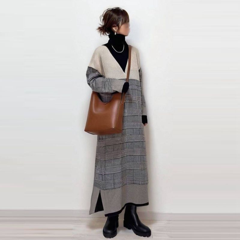 ニット ワンピース レディース 即 OK ハイネック ニットワンピ 長袖 重ね着風 レイヤード風 ロング丈 マキシ丈 配色 切り替え 体型カバー ゆったり シンプル カジュアル おしゃれ かわいい 秋 冬 xzzhang 713