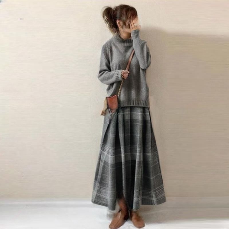 セットアップ レディース 即 OK ハイネック ニットセーター 長袖 ロングスカート チェック柄 ロング丈 体型カバー ゆったり シンプル カジュアル おしゃれ かわいい 秋 冬 通勤 通学 xzzhang 709