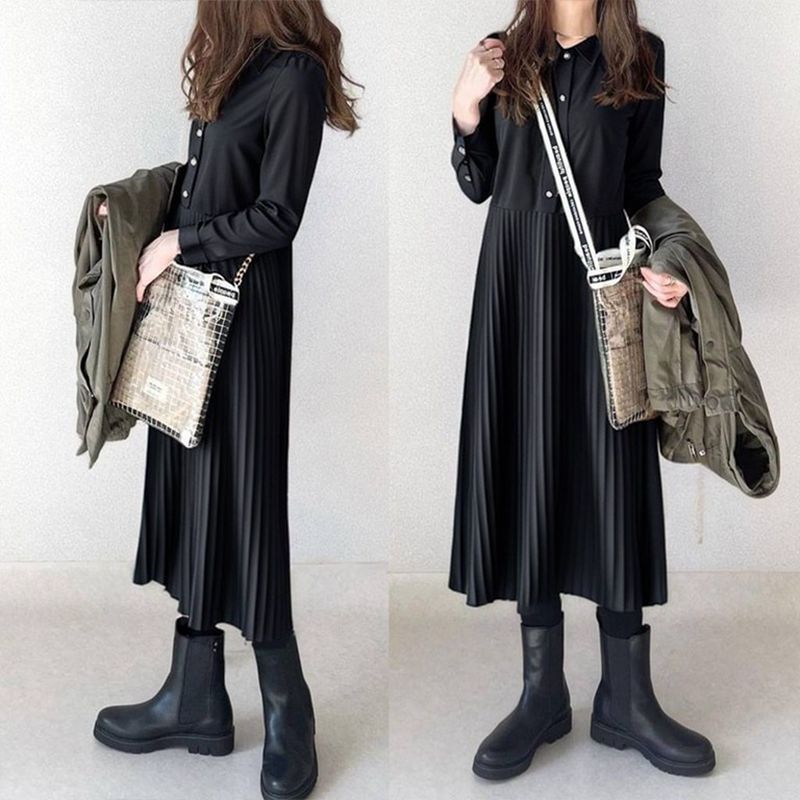 プリーツ ワンピース 即 OK レディース ロングワンピース 長袖 ロング丈 マキシ丈 ボタン止め シャツワンピース シンプル 無地 体型カバー ゆったり 秋 冬 カジュアル おしゃれ 20代 30代 40代 50代xzzhang 704