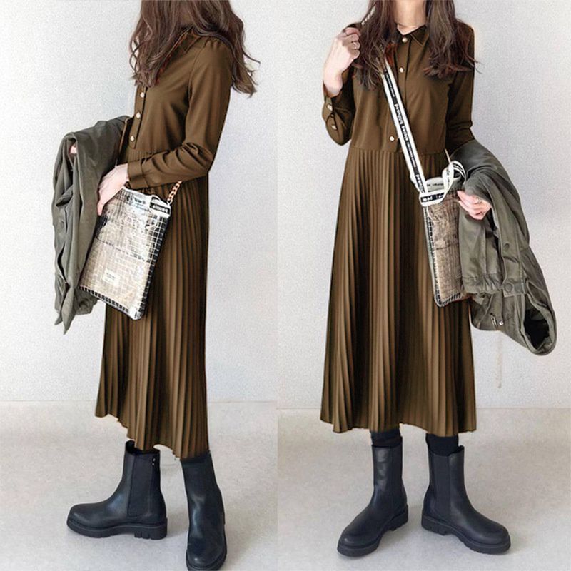 プリーツ ワンピース 即 OK レディース ロングワンピース 長袖 ロング丈 マキシ丈 ボタン止め シャツワンピース シンプル 無地 体型カバー ゆったり 秋 冬 カジュアル おしゃれ 20代 30代 40代 50代xzzhang 704