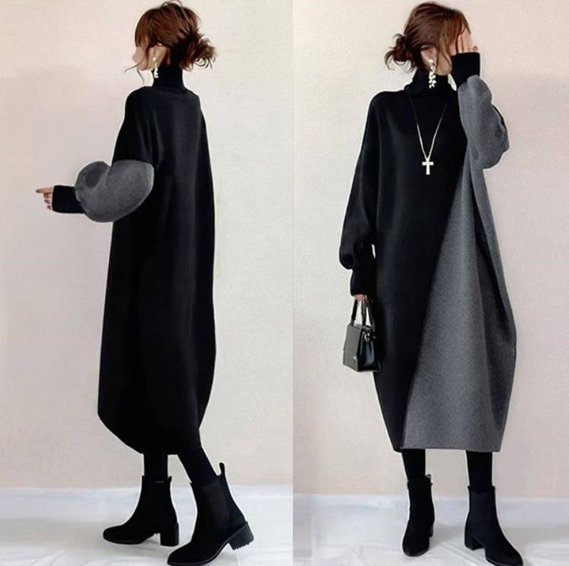 ニットワンピース 即 OK レディース ニット ワンピース バブル袖 配色 切り替え ハイネック ロング丈 膝下丈 体型カバー ゆったり シンプル カジュアル おしゃれ かわいい 秋 冬 通勤 通学 xzzhang 716