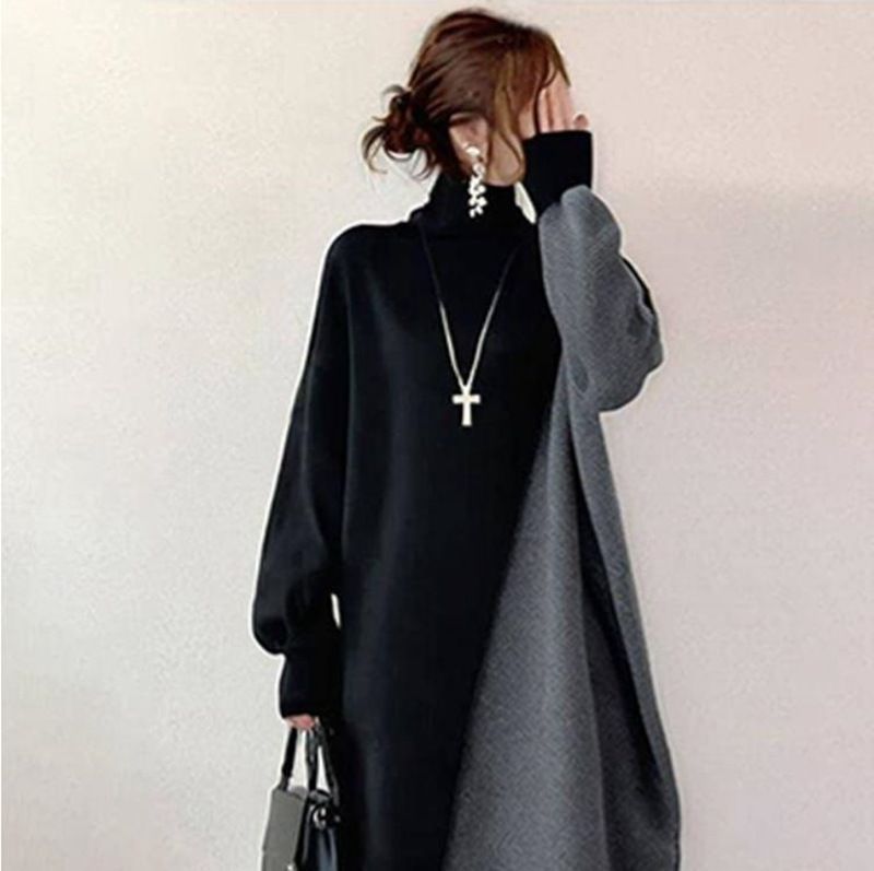 ニットワンピース 即 OK レディース ニット ワンピース バブル袖 配色 切り替え ハイネック ロング丈 膝下丈 体型カバー ゆったり シンプル カジュアル おしゃれ かわいい 秋 冬 通勤 通学 xzzhang 716