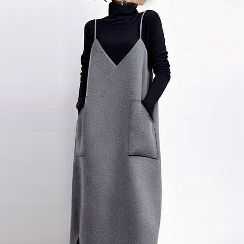 ツイード ワンピース 即 OK レディース Vネック ロング丈 キャミワンピース ジャンパースカート シンプル 無地 ポケット付き 体型カバー ゆったり 秋 冬 カジュアル おしゃれ 20代 30代 40代 50代 xzzhang 702