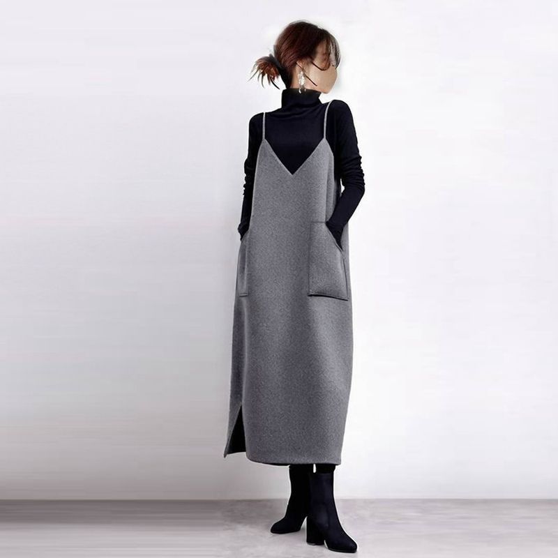 ツイード ワンピース 即 OK レディース Vネック ロング丈 キャミワンピース ジャンパースカート シンプル 無地 ポケット付き 体型カバー ゆったり 秋 冬 カジュアル おしゃれ 20代 30代 40代 50代 xzzhang 702