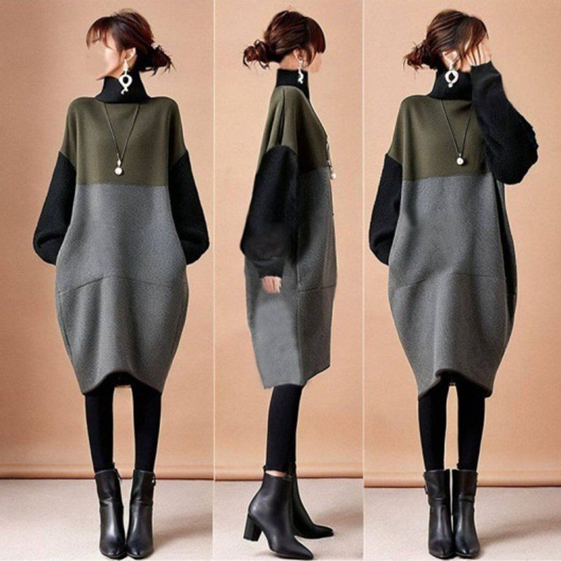 ニットワンピ レディース ニット 即 OK ワンピース ハイネック 長袖 バブル袖 膝丈 ミディアム丈 配色 体型カバー ゆったり シンプル カジュアル おしゃれ かわいい 秋 冬 通勤 通学 xzzhang 712