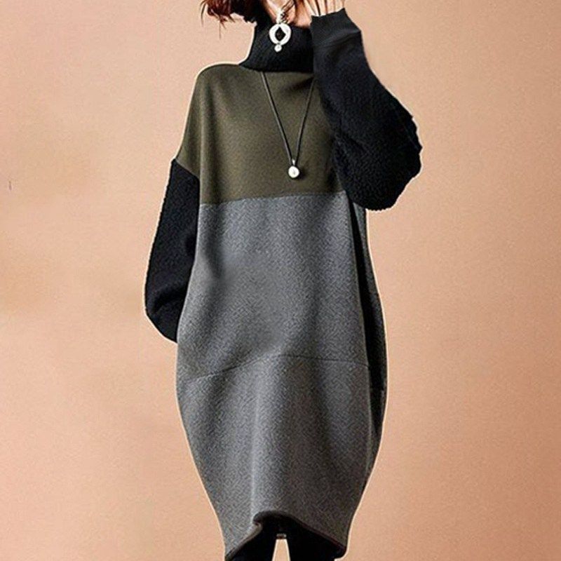 ニットワンピ レディース ニット 即 OK ワンピース ハイネック 長袖 バブル袖 膝丈 ミディアム丈 配色 体型カバー ゆったり シンプル カジュアル おしゃれ かわいい 秋 冬 通勤 通学 xzzhang 712